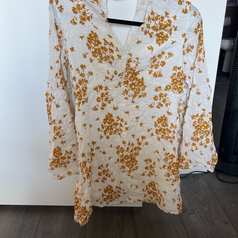 Poppy print bell sleeves linen mini dress